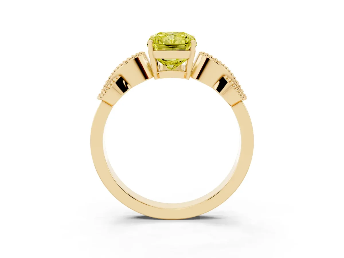 Fancy Yellow Princess Cut Solitaire Milgrain Leaf Band with Prong Setting Yellow gold