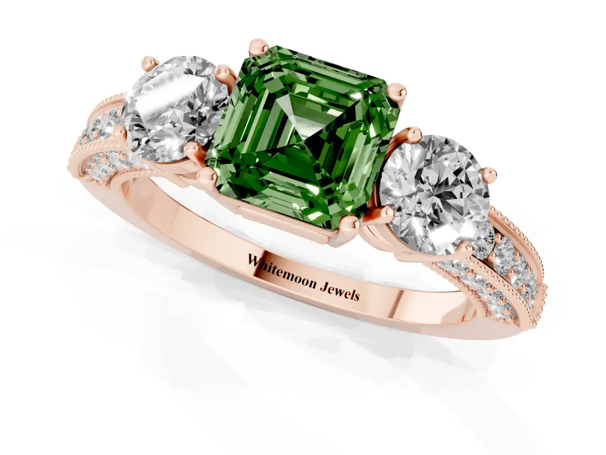 Fancy Green Asscher Cut Three-Stone Diamond Ring with Pavé Band and Four-Prong Setting Rose gold