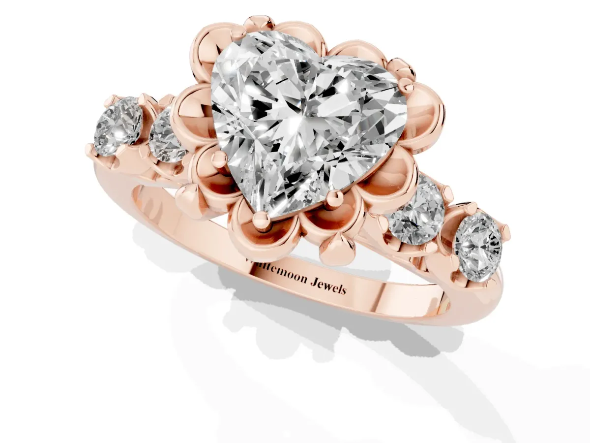 Heart Cut Cut Diamond Floral Halo Engagement Ring with Shared Prong Setting Rose gold