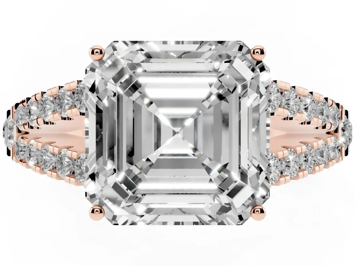 Asscher Cut Diamond Split Shank Engagement Ring with Round Pavé and Prong Setting Rose gold