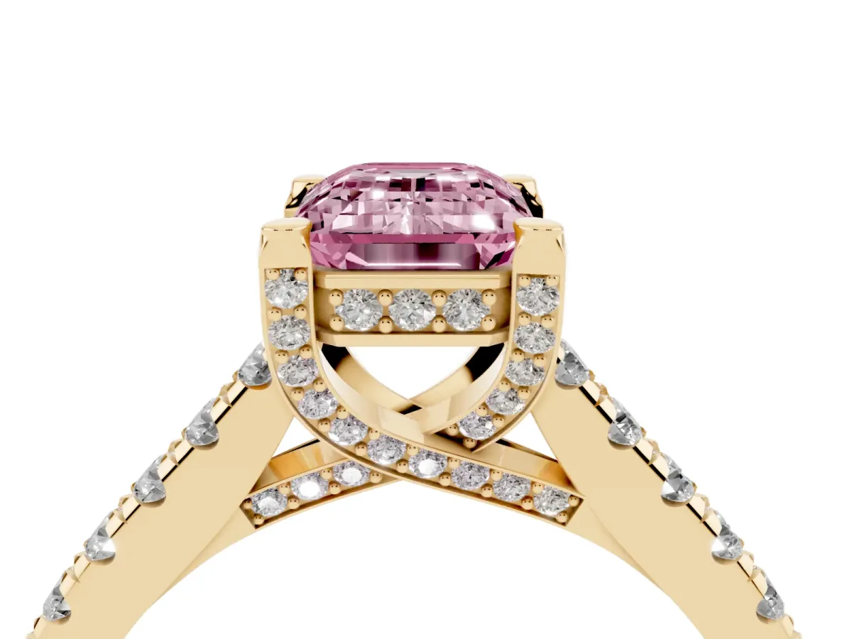 Fancy Pink Emerald Cut Brilliant Diamond Solitaire with Pavé Band and Four-Prong Setting Yellow gold