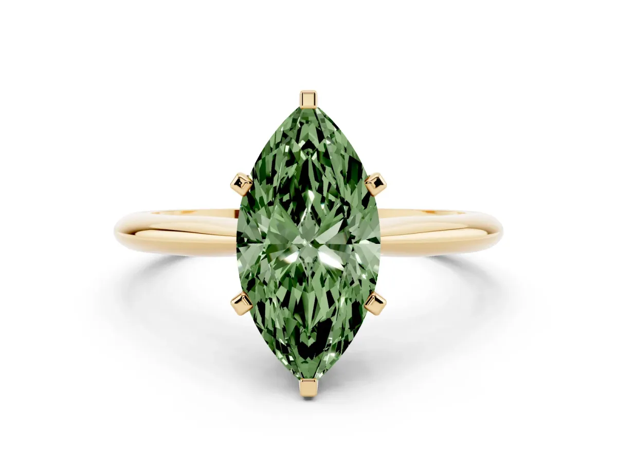 Fancy Green Marquise Cut Cut Solitaire Ring with Four-Prong Setting on a Classic Band Yellow gold