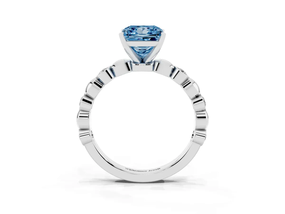 Fancy Blue Princess Cut Solitaire Bezel-Set Diamond Ring with Beaded Band and Four-Prong Setting Silver