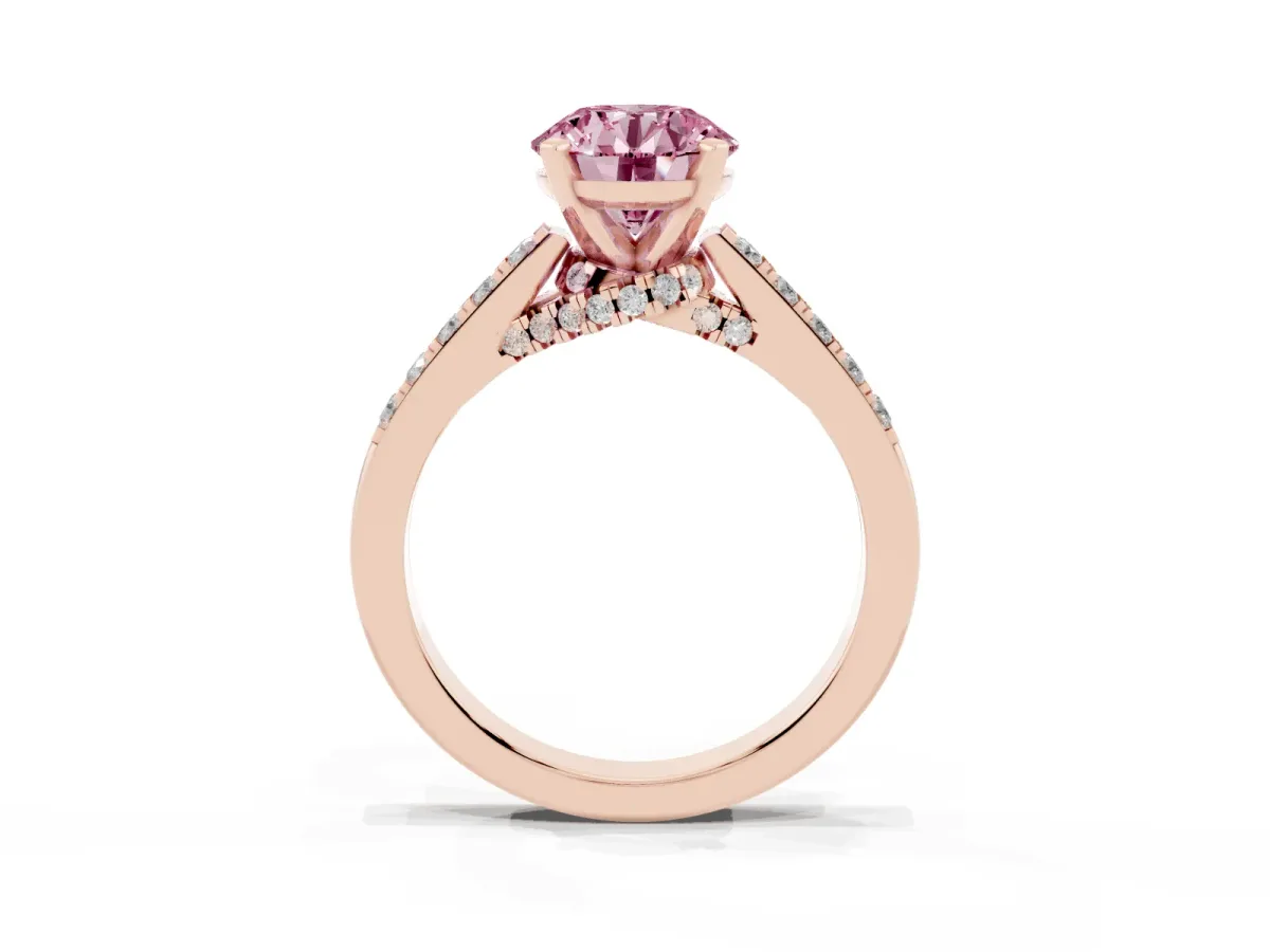 Fancy Pink Round Cut Diamond Solitaire Ring with Crossover Gallery and Round Pavé Band Rose gold
