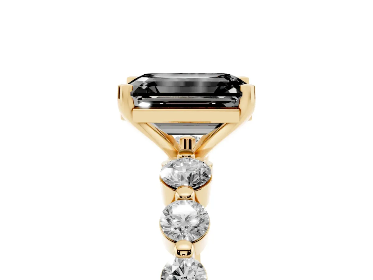 Fancy Black Emerald Cut Solitaire Diamond Ring with Pave Band and Four-Prong Setting Yellow gold