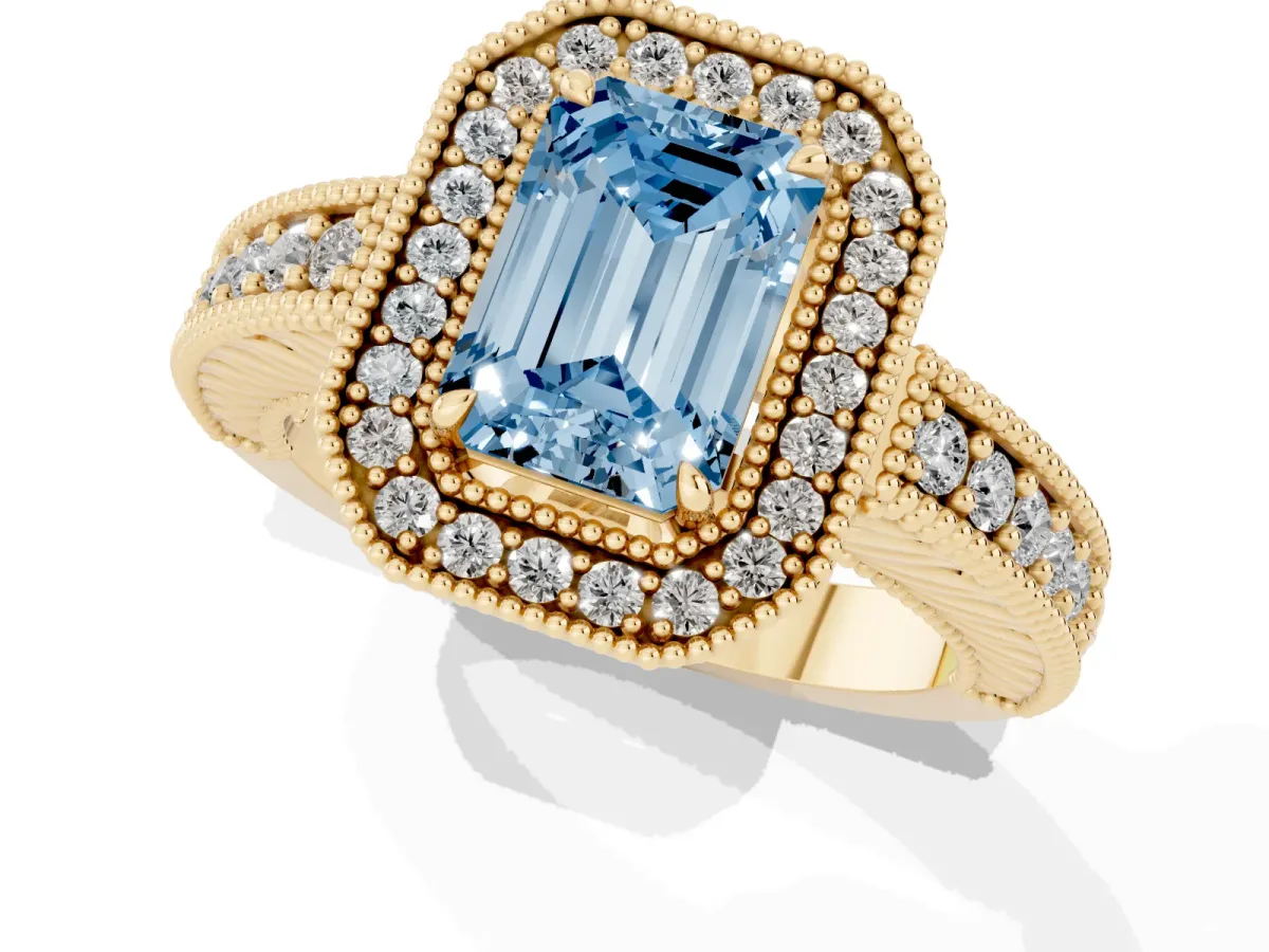 Fancy Blue Emerald Cut Cut Halo Diamond Ring with Pavé Band and Four-Prong Setting Yellow gold