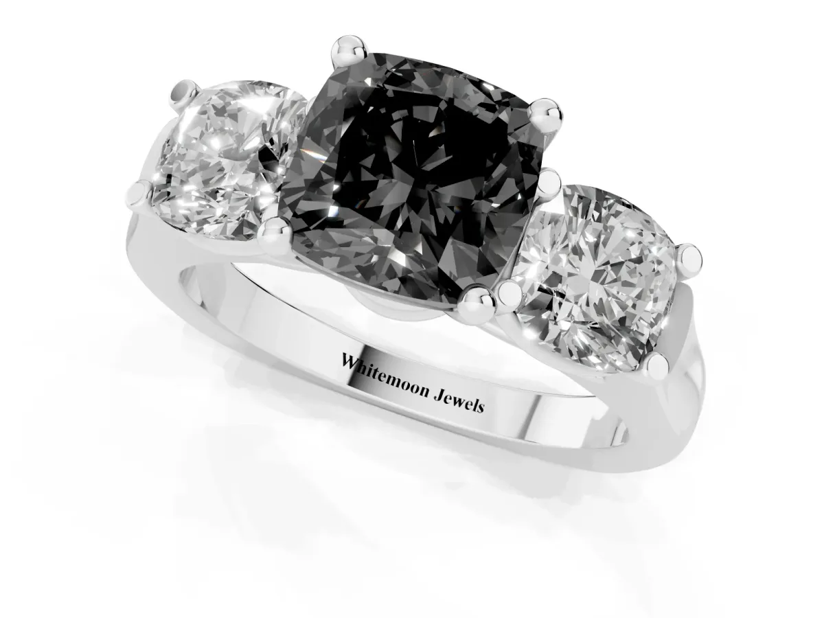 Fancy Black Three-Stone Cushion Cut Brilliant Diamond Trellis Ring with Comfort Fit Band Silver