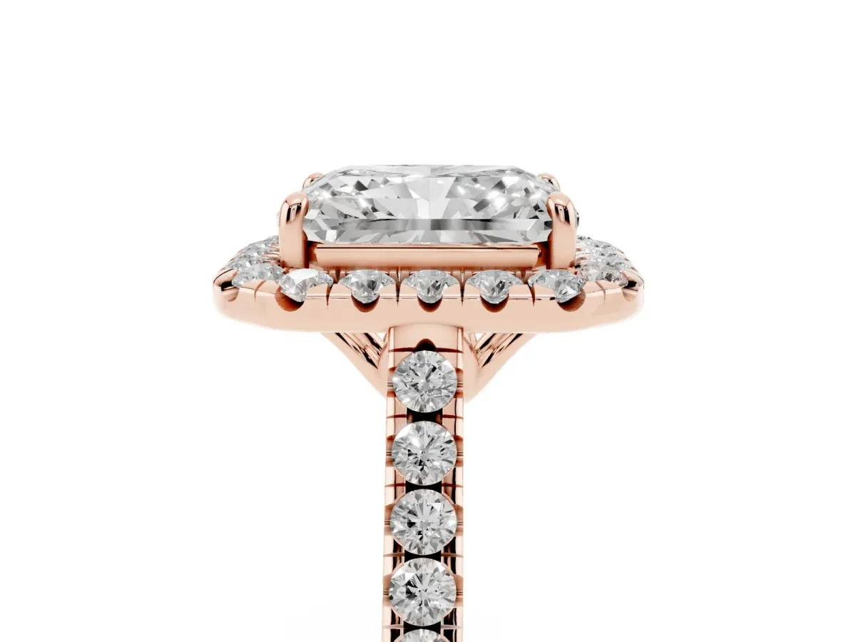 Radiant Cut Halo Pavé Diamond Engagement Ring with Four-Prong Setting Rose gold