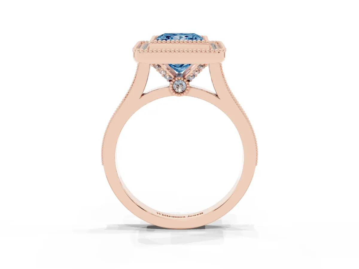 Fancy Blue Princess Cut Diamond Halo Ring with Milgrain Frame and Pavé Band Rose gold