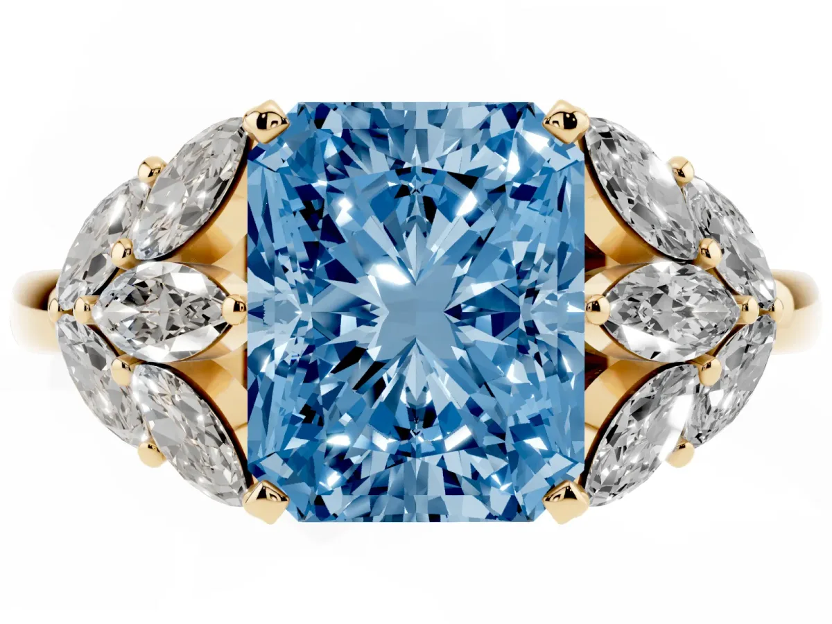 Fancy Blue Radiant Cut Diamond Cluster Leaf Design Ring with Prong Setting Yellow gold