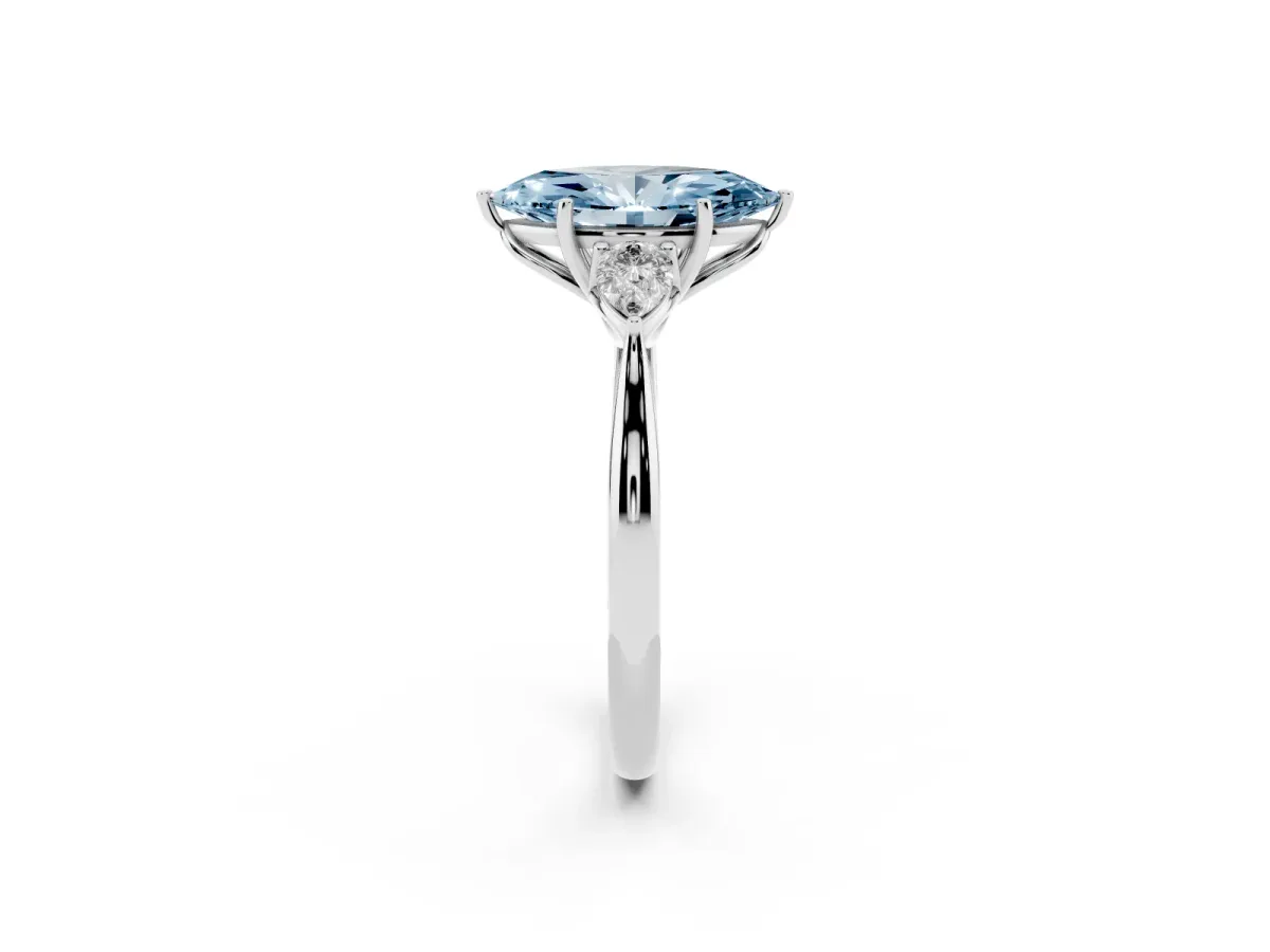 Fancy Blue Marquise Cut Diamond Three-Stone Ring with Pear Side Stones and Prong Setting Silver