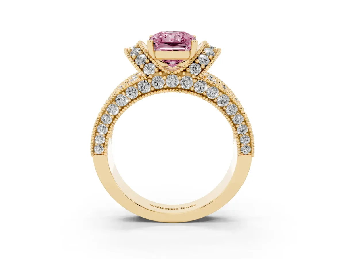 Fancy Pink Radiant Cut Halo Pave Diamond Engagement Ring with Milgrain Detailing Yellow gold