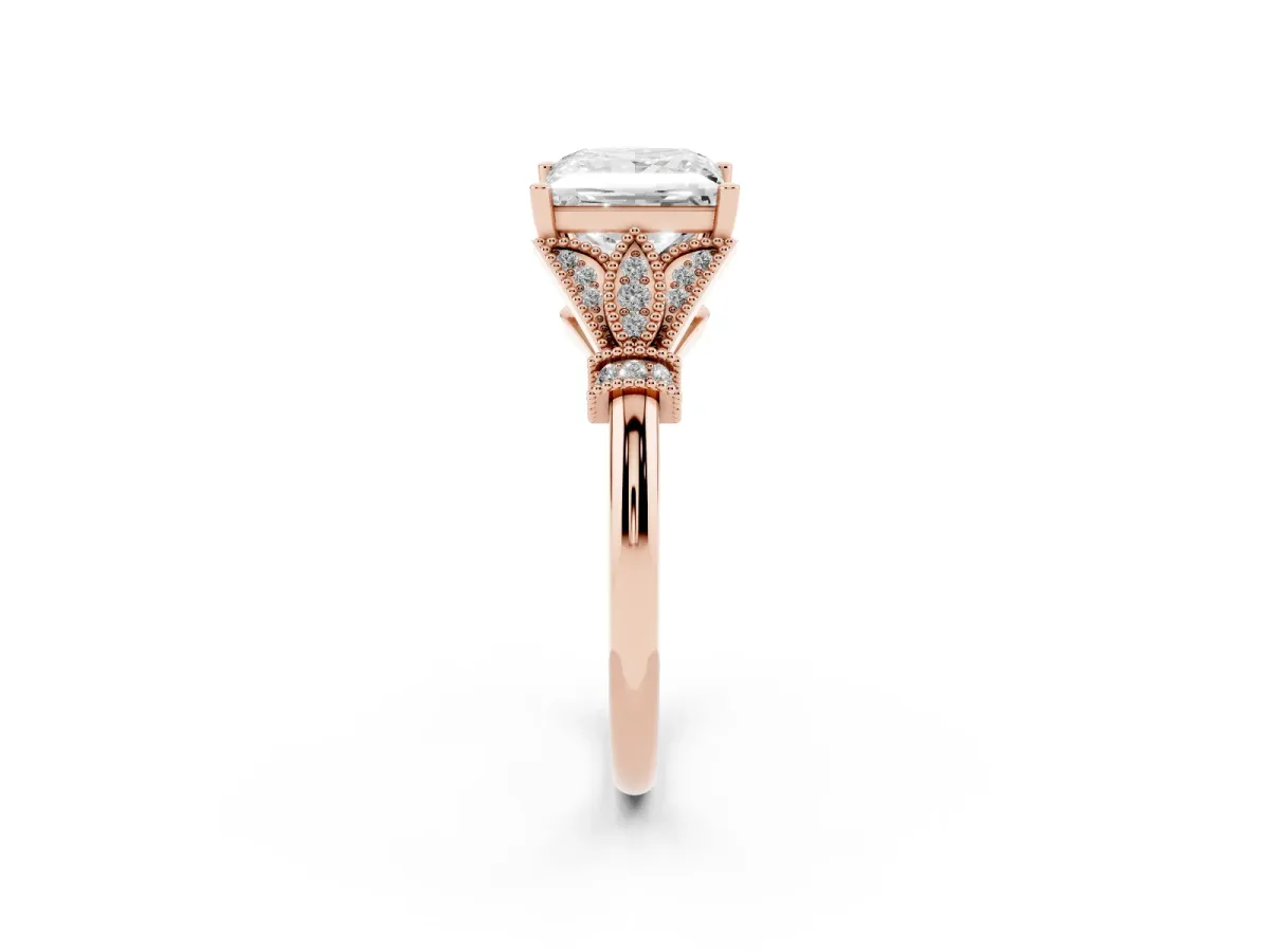 Princess Cut Diamond Solitaire Ring with Floral Filigree and Pave Accents Rose gold