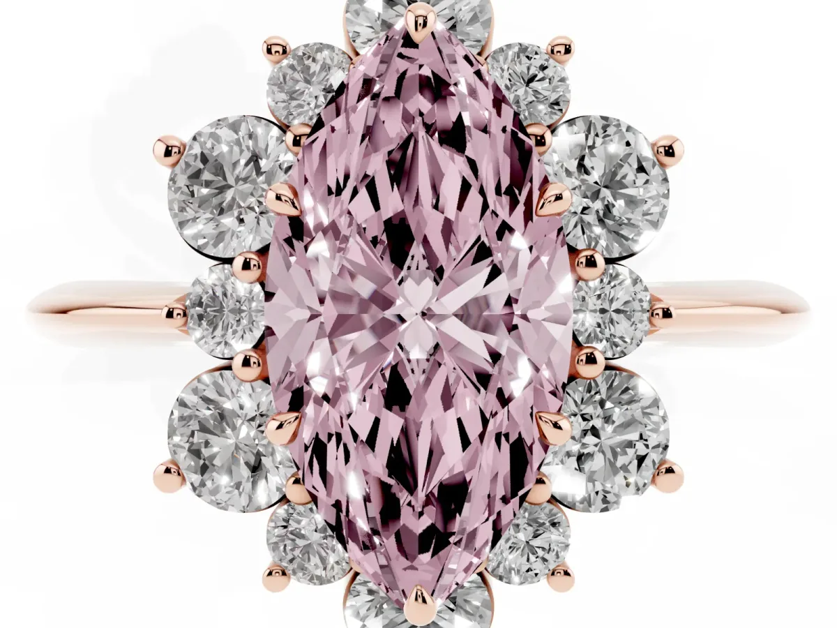 Fancy Pink Marquise Cut Diamond Cluster Halo Ring with Solitaire Band and Four-Prong Setting Rose gold