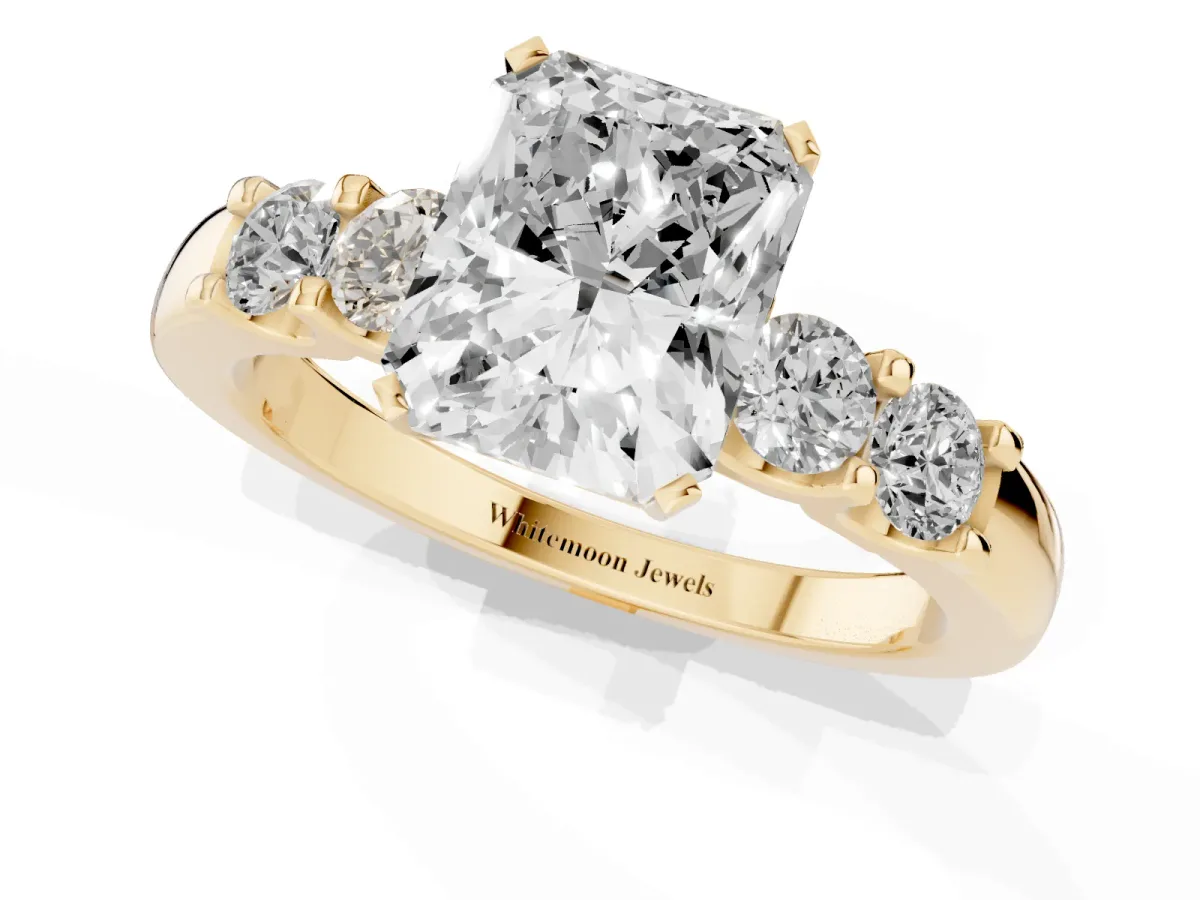 Radiant Cut Brilliant Cut Diamond Five-Stone Prong Set Engagement Ring with Channel Band Yellow gold