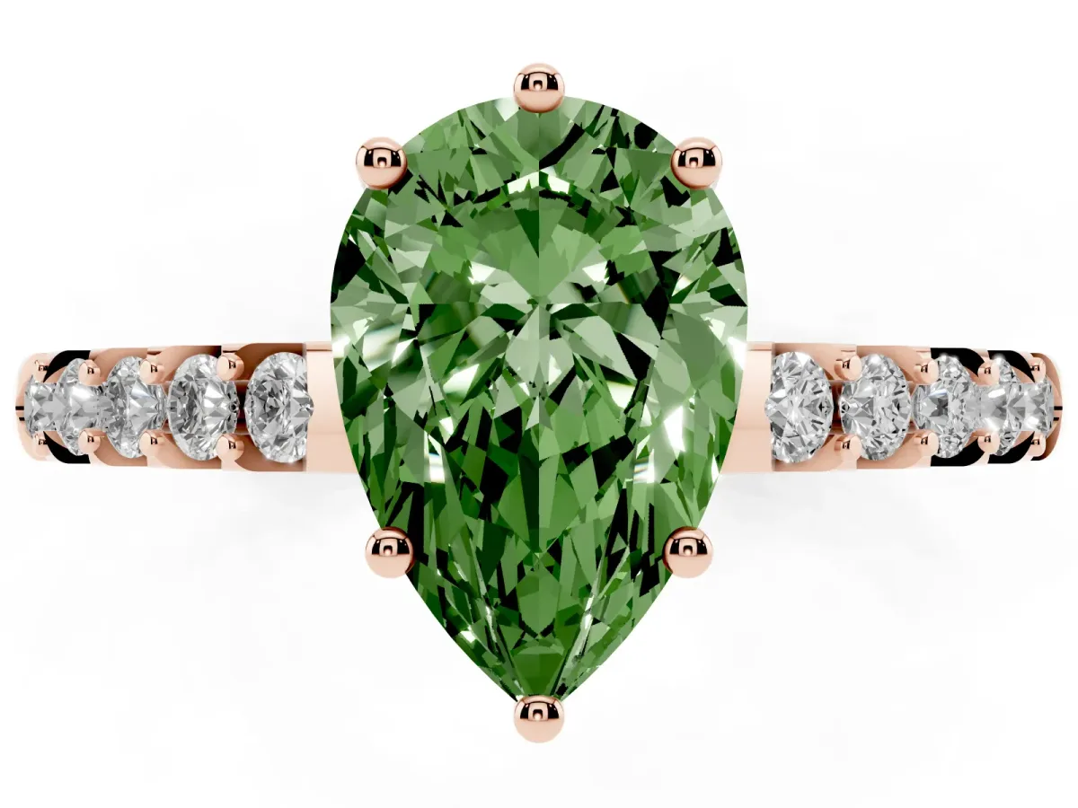 Fancy Green Pear Cut Solitaire Diamond Engagement Ring with Pavé Band and Six-Prong Setting Rose gold