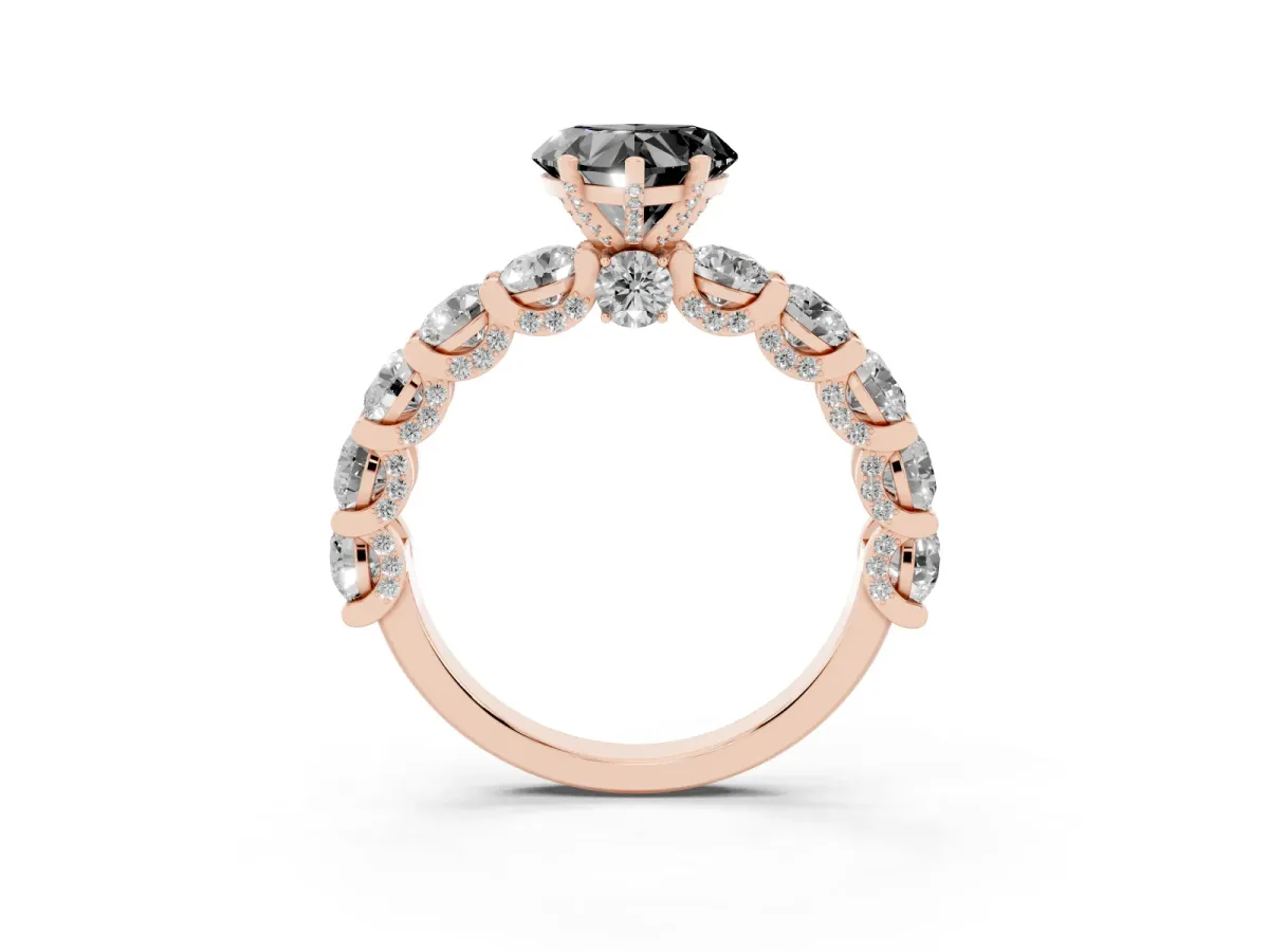 Fancy Black Heart Cut Diamond Side Stone Engagement Ring with Four-Prong Setting Rose gold