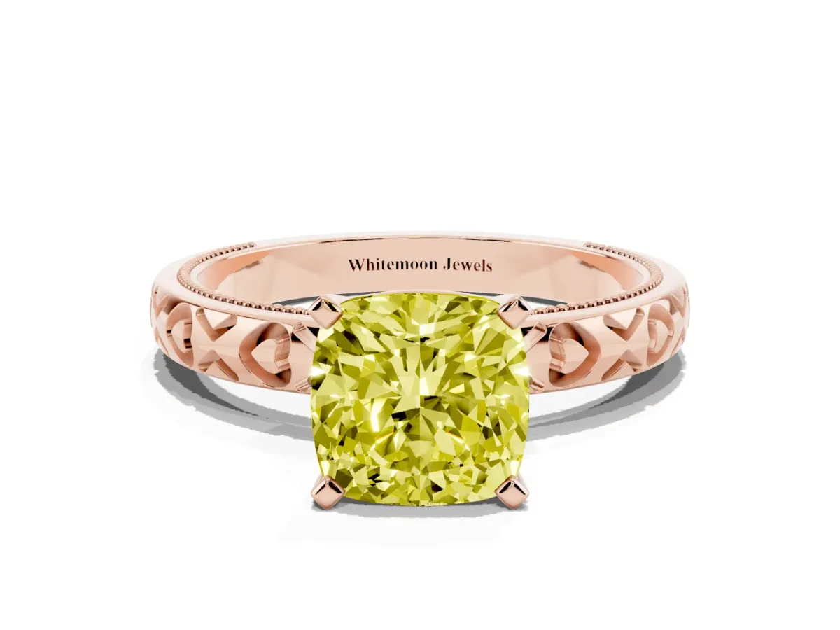 Fancy Yellow Cushion Cut Solitaire Diamond Engagement Ring with XO Engraved Band and Four-Prong Setting Rose gold