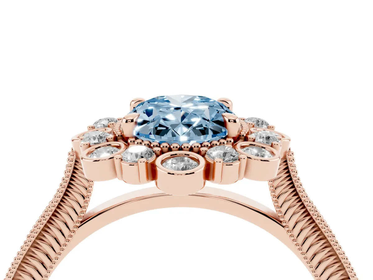 Fancy Blue Oval Cut Halo Milgrain Pave Diamond Ring with Four-Prong Setting Rose gold