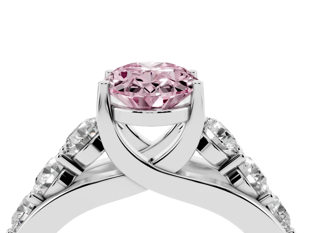 Fancy Pink Oval Cut Diamond Engagement Ring with Pavé Band and Four-Prong Setting Platinum