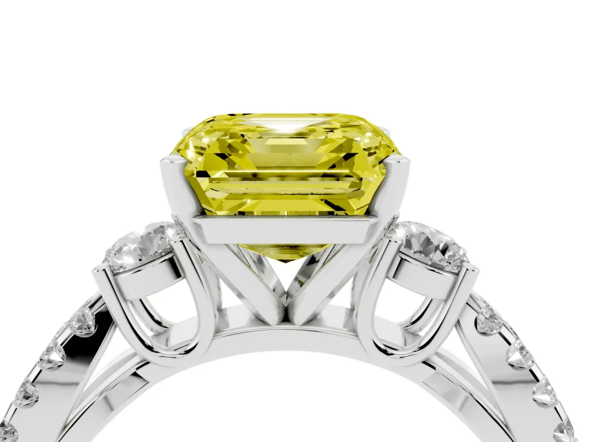 Fancy Yellow Asscher Cut Diamond Three-Stone Ring with Pavé Split Shank and Four-Prong Setting Silver