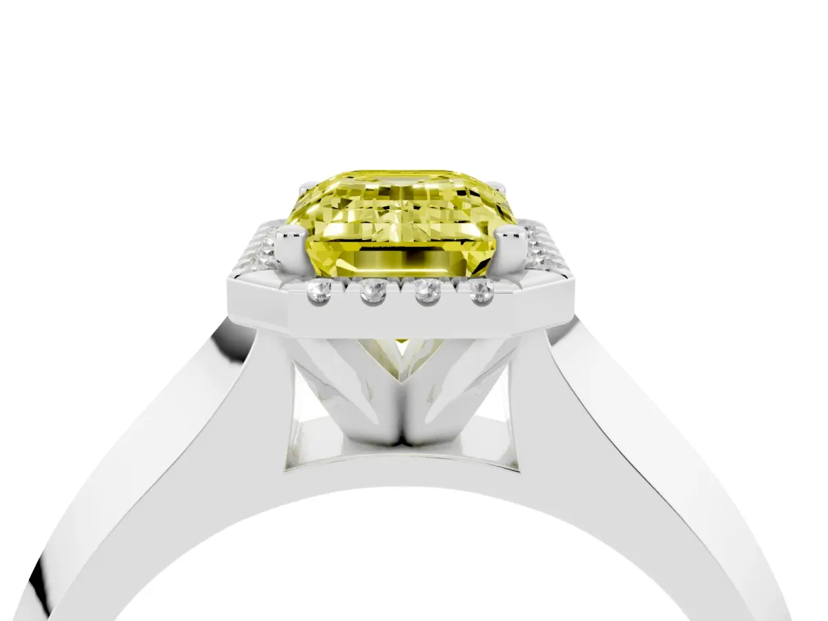 Fancy Yellow Emerald Cut Halo Diamond Ring with Cathedral Band and Four-Prong Setting White gold