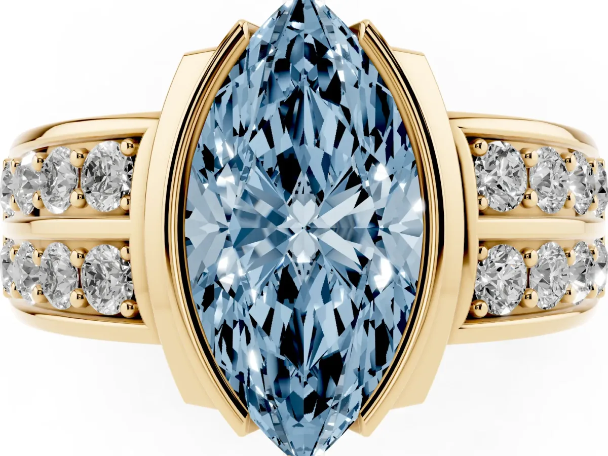 Fancy Blue Marquise Cut Brilliant Diamond Channel Set Wide Band Ring with Bezel Setting Yellow gold