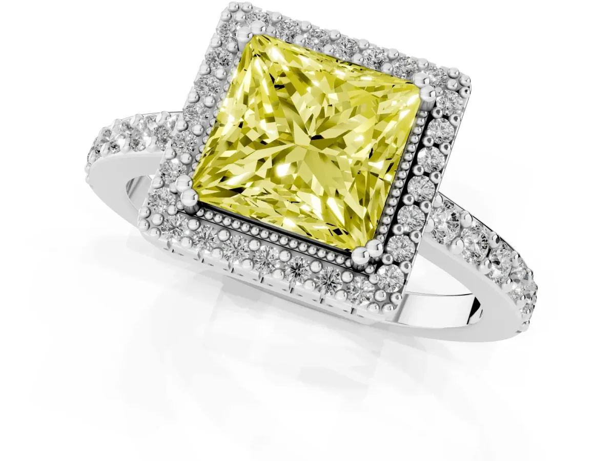 Fancy Yellow Princess Cut Cut Diamond Halo Engagement Ring with Milgrain Detail and Pavé Band Silver