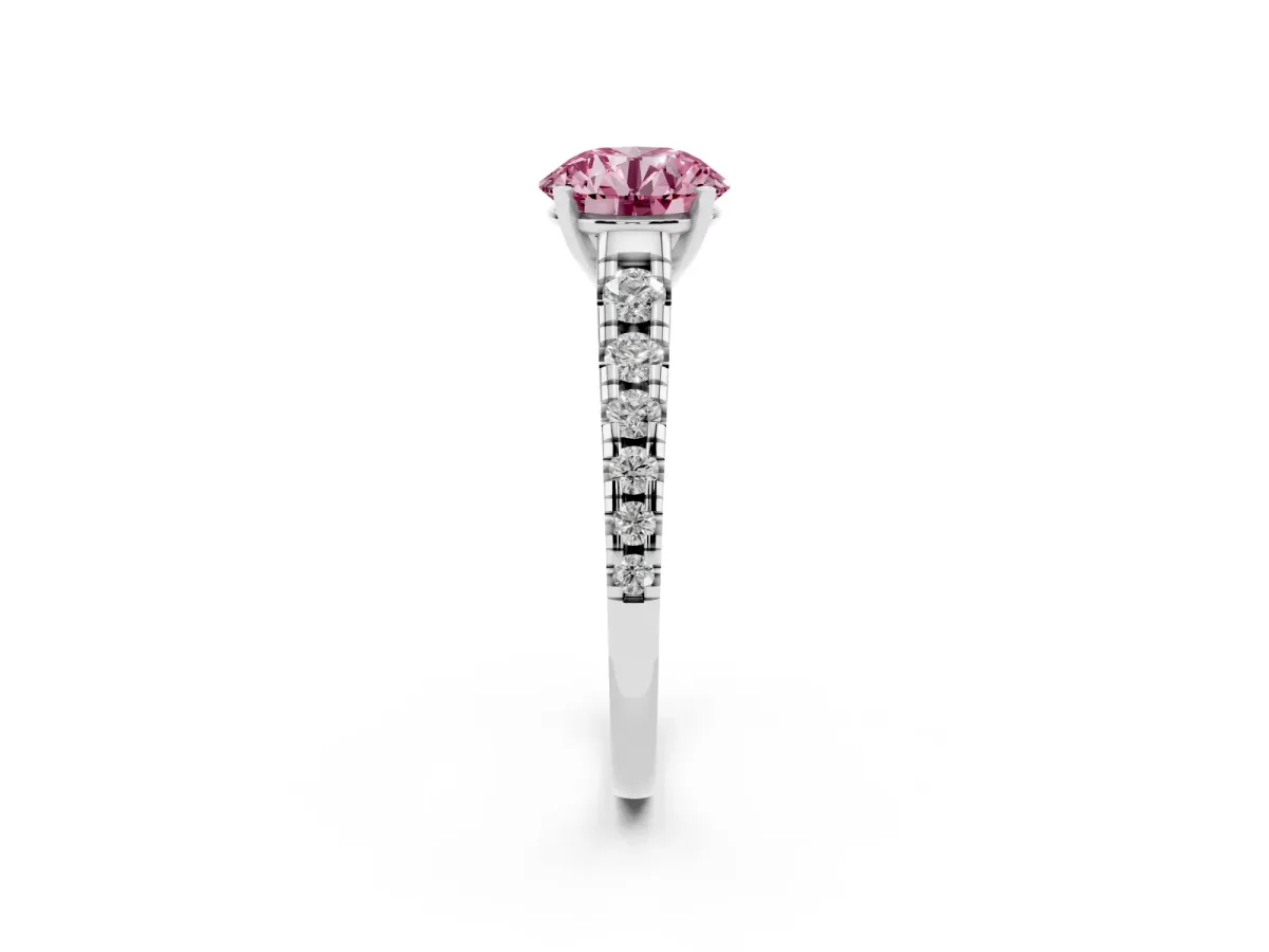 Fancy Pink Round Cut Diamond Cathedral Solitaire Ring with Round Pavé Band White gold
