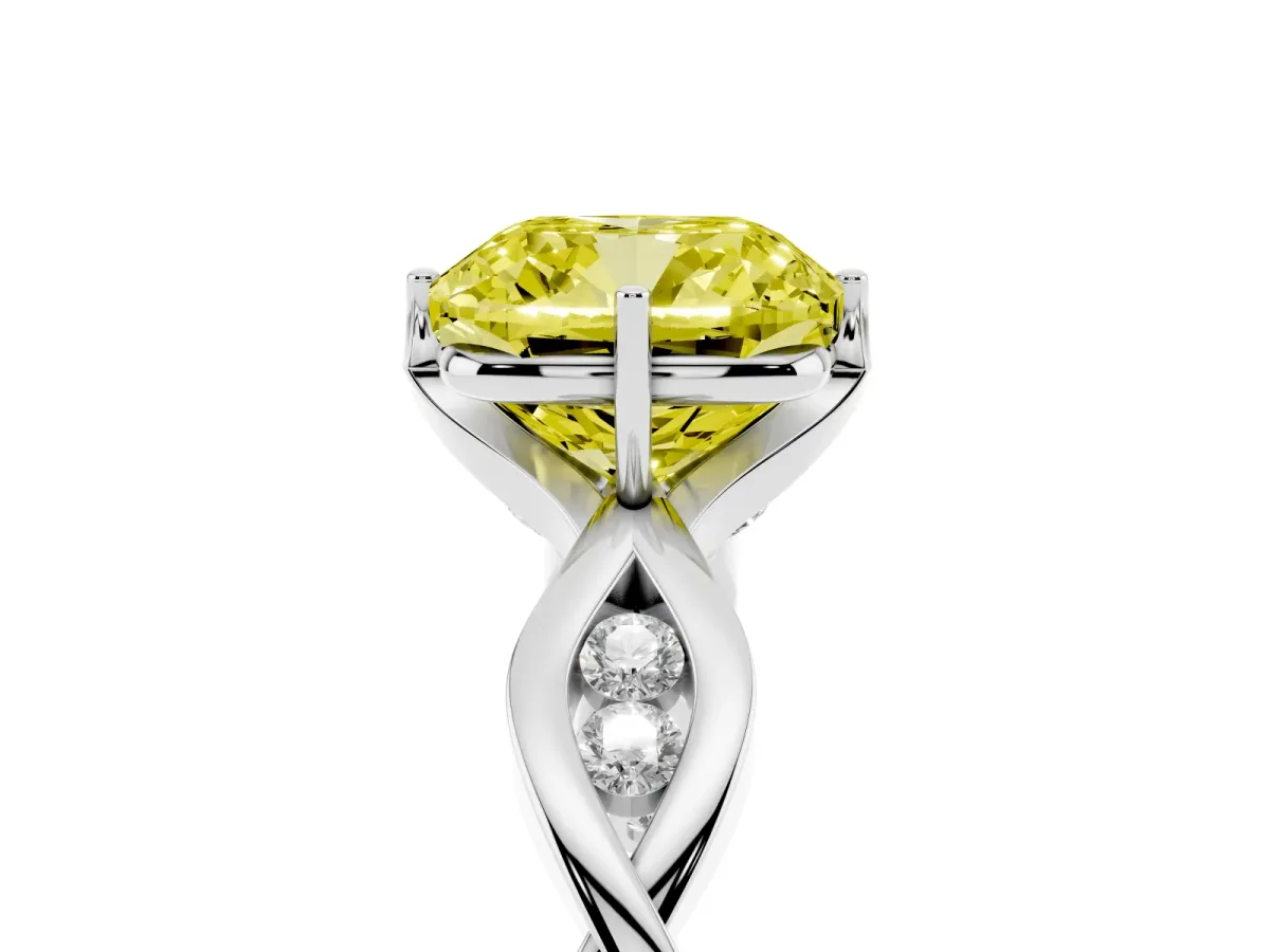 Fancy Yellow Cushion Cut Solitaire Twist Band with Leaf Prong Setting Silver