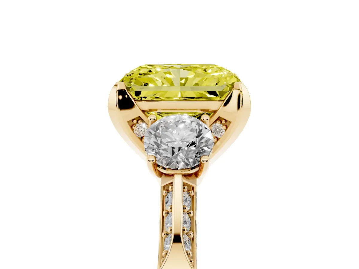 Fancy Yellow Radiant Cut Brilliant Three-Stone Diamond Ring with Pavé Band and Four-Prong Setting Yellow gold