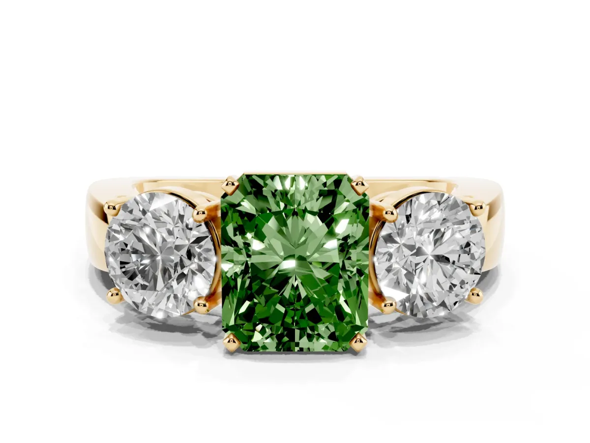 Fancy Green Three-Stone Radiant Cut Diamond Ring with Round Side Stones, Classic Band, and Four-Prong Setting Yellow gold