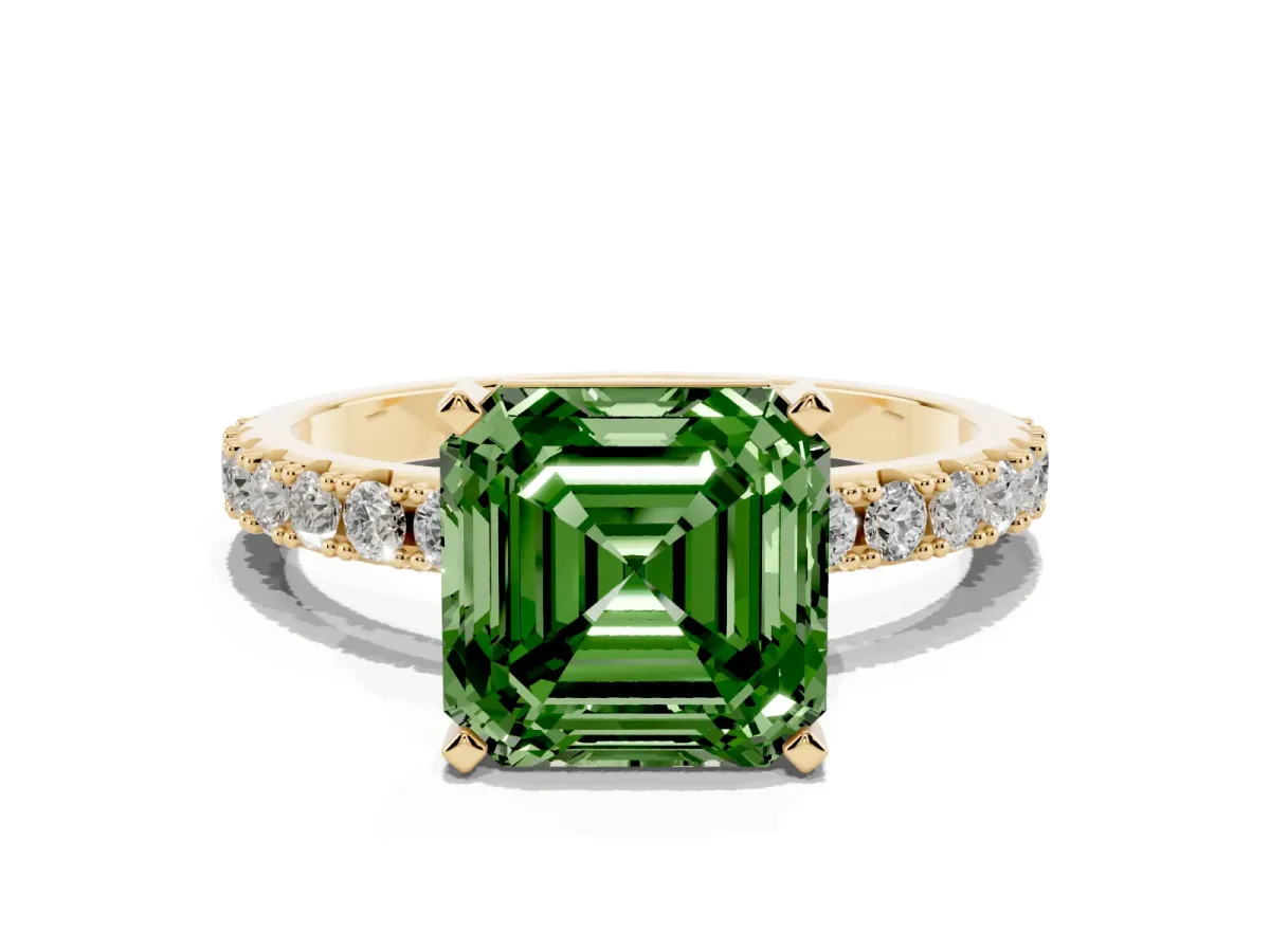 Fancy Green Asscher Cut Diamond Solitaire Pavé Band with Four-Prong Setting Yellow gold