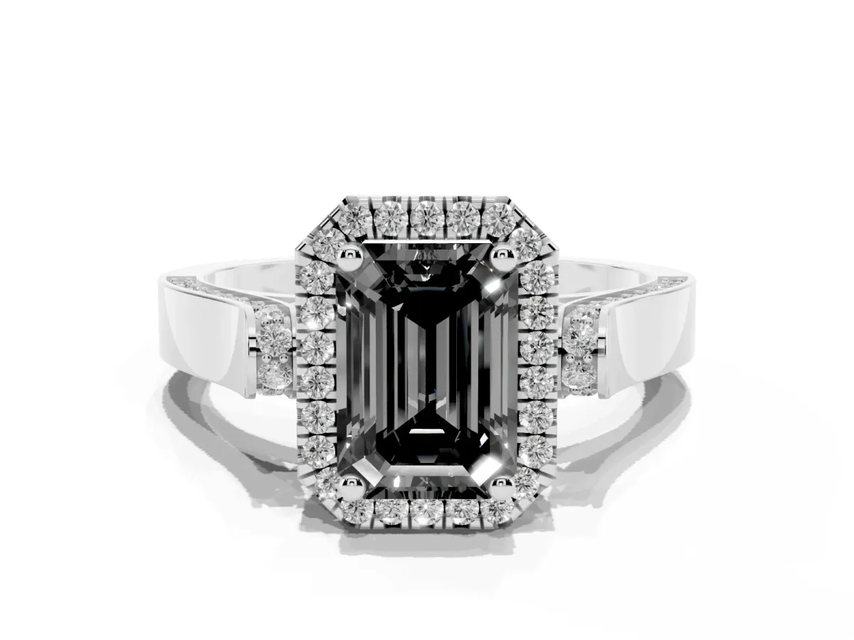 Fancy Black Emerald Cut Halo Round Diamond Twist Band with Four-Prong Setting Silver