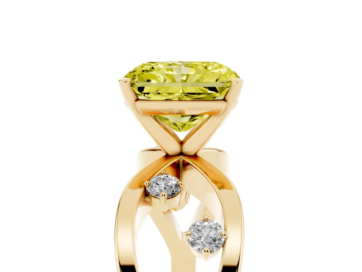 Fancy Yellow Radiant Cut Cut Solitaire Diamond with Side Stones on Criss-Cross Band and Four-Prong Setting Yellow gold