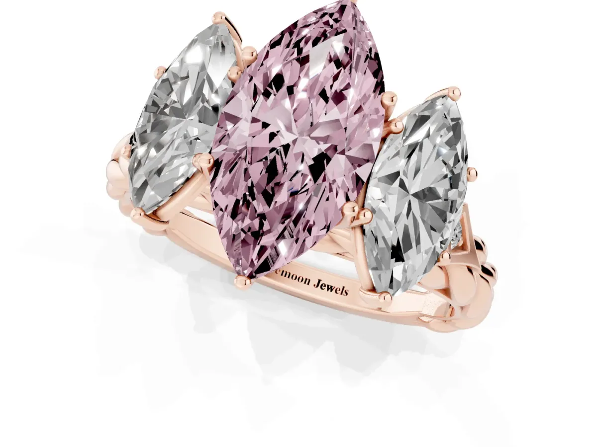 Fancy Pink Three-Stone Marquise Cut Diamond Braided Band Ring with Four-Prong Setting Rose gold
