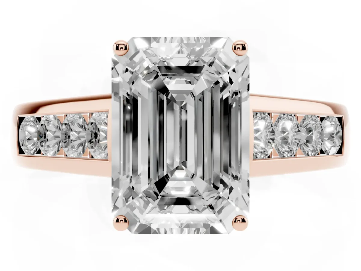 Emerald Cut Brilliant Channel-Set Solitaire Ring with Four-Prong Setting Rose gold