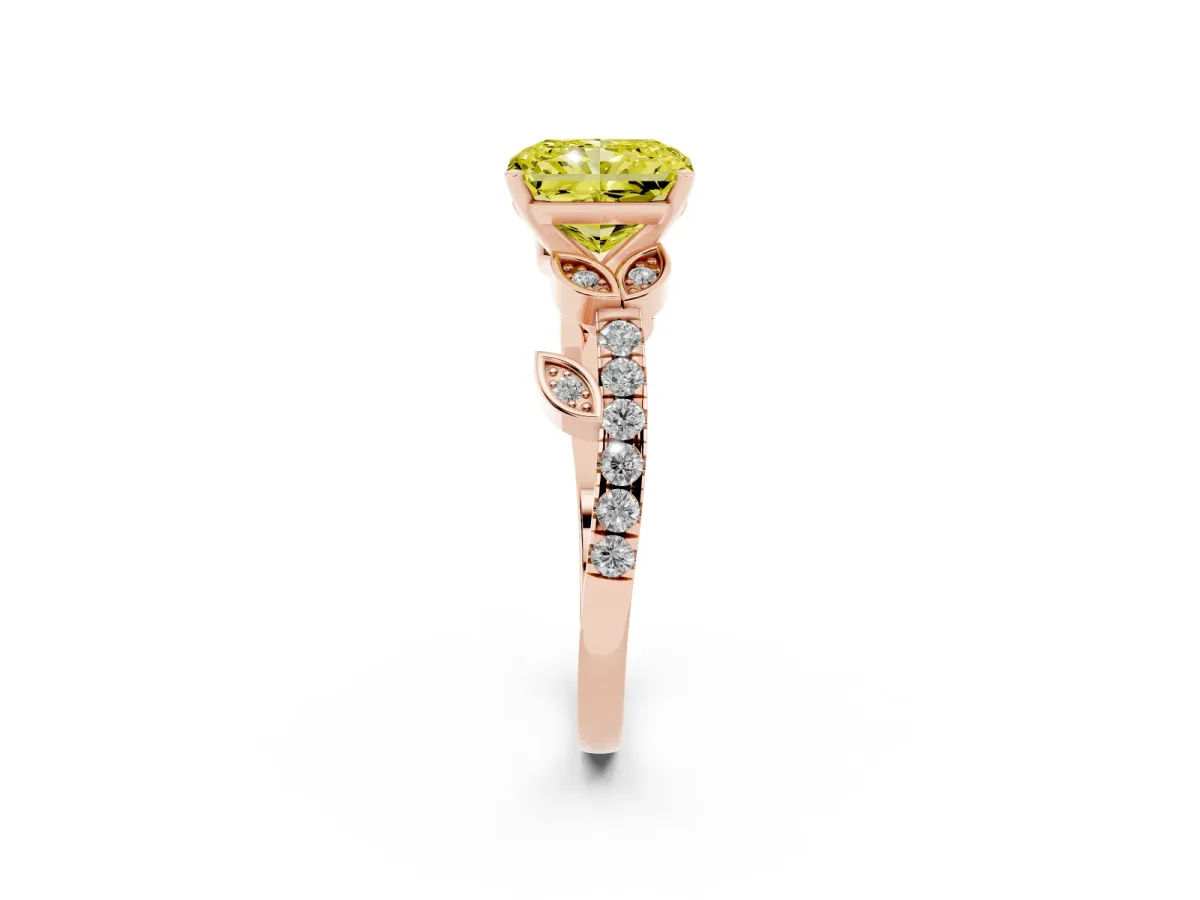 Fancy Yellow Radiant Cut Solitaire Leaf-Inspired Diamond Ring with Pavé Band and Four-Prong Setting Rose gold