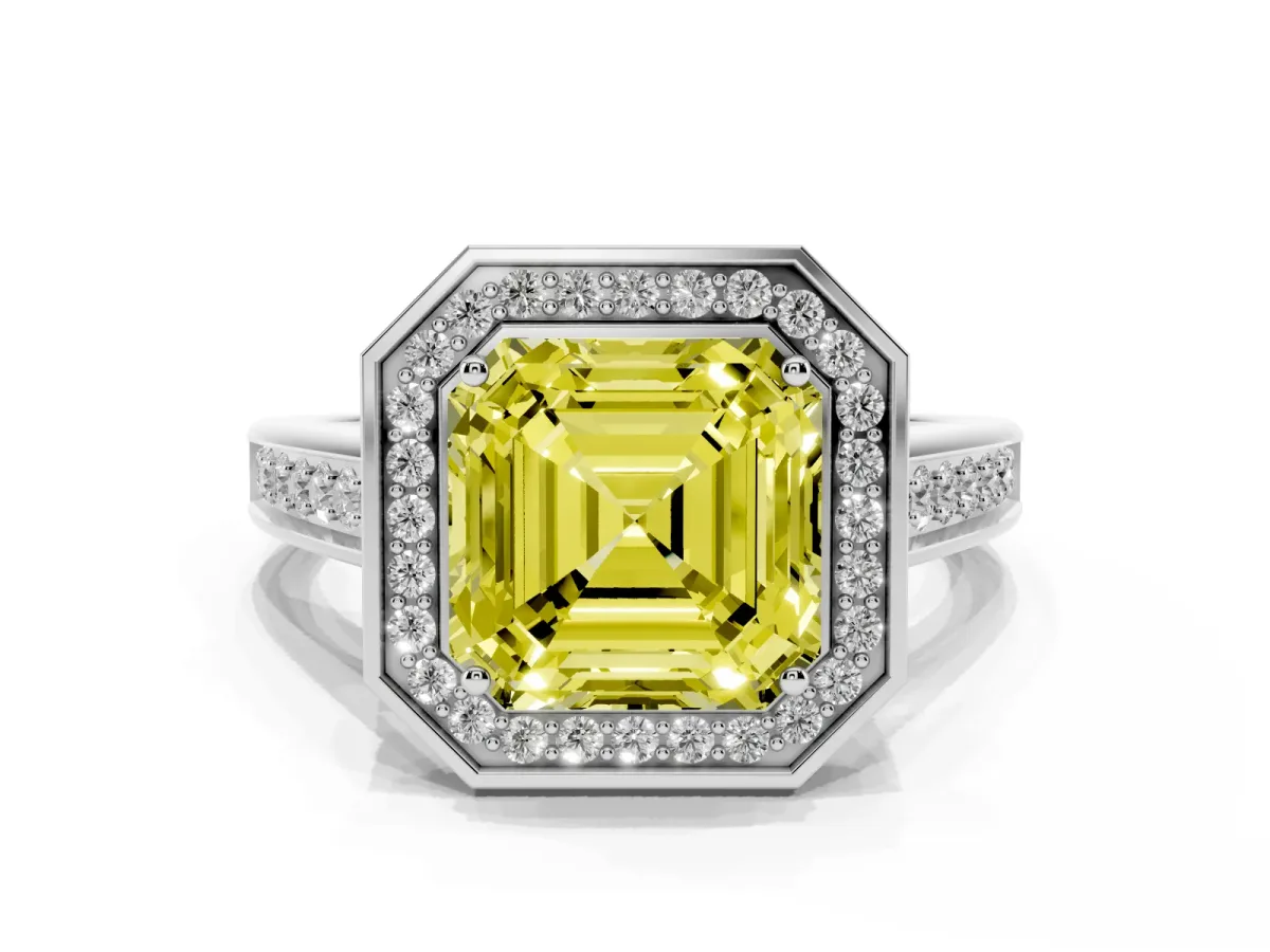 Fancy Yellow Asscher Cut Halo Solitaire Diamond Ring with Pave Band and Bezel Setting Silver