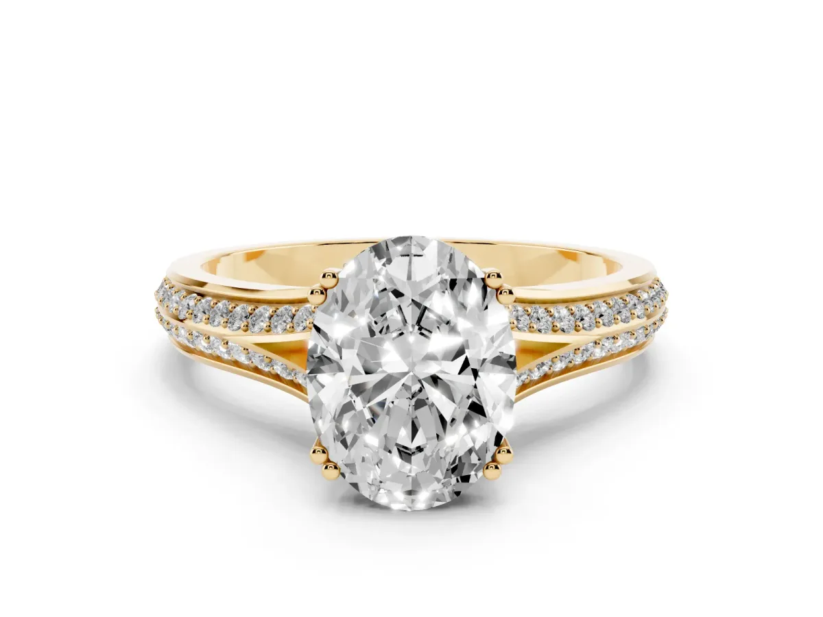 Oval Cut Diamond Split Shank Engagement Ring with Pavé Band Yellow gold