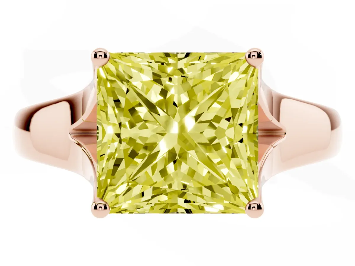 Fancy Yellow Princess Cut Solitaire Diamond Ring with Cathedral Band and Four-Prong Setting Rose gold