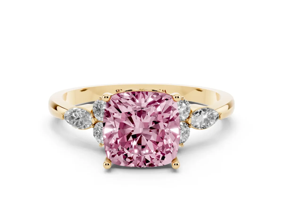 Fancy Pink Cushion Cut Brilliant Diamond Solitaire Ring with Pear Side Stones and Four-Prong Setting Yellow gold