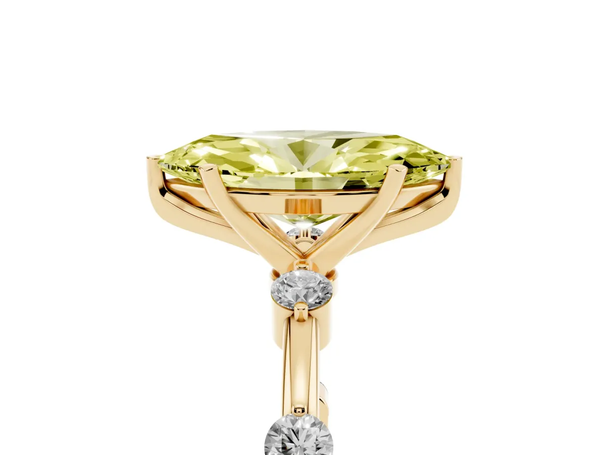 Fancy Yellow Marquise Cut Solitaire Diamond Ring with Bezel Set Side Stones and Prong Setting Yellow gold