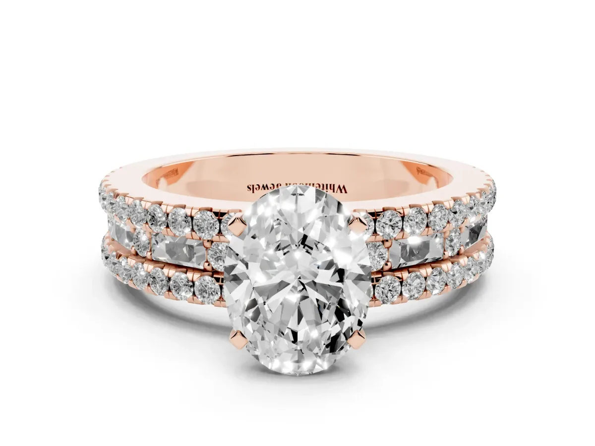 Oval Cut Diamond Solitaire Ring with Pavé and Channel Set Band Rose gold