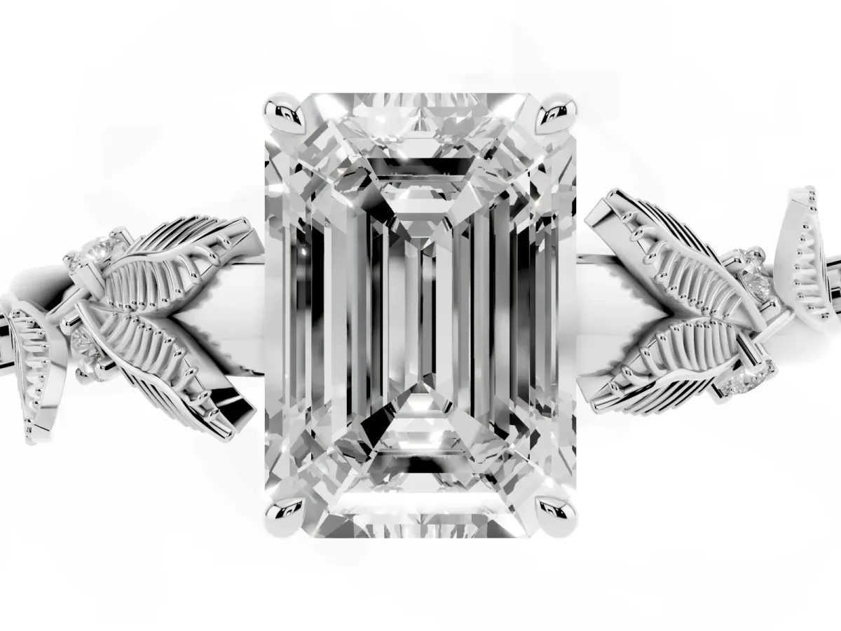 Emerald Cut Diamond Solitaire Ring with Leaf Motif Band and Four-Prong Setting Platinum