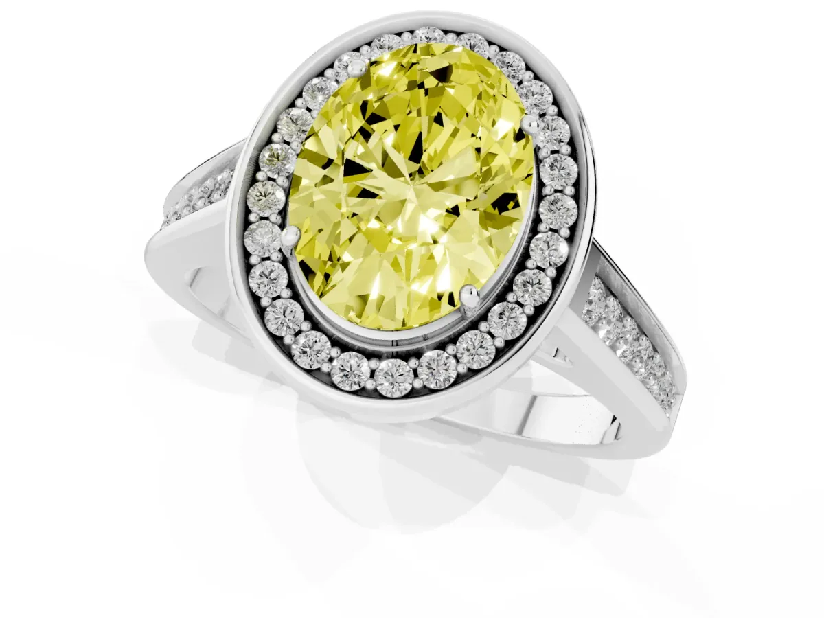 Fancy Yellow Oval Cut Halo Solitaire Diamond Ring with Pave Band and Bezel Setting Platinum