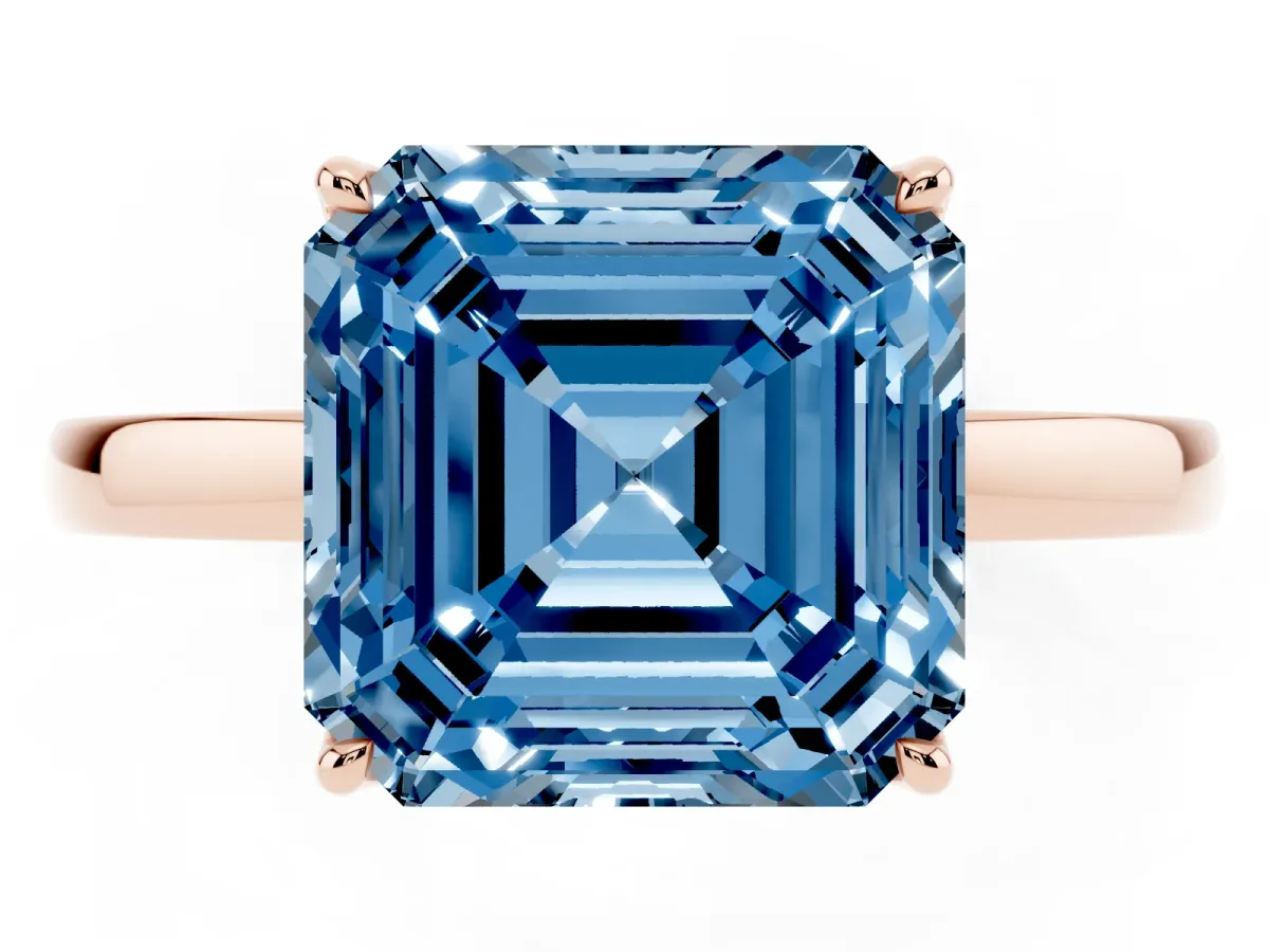 Fancy Blue Asscher Cut Diamond Solitaire Ring with Thin Band and Prong Setting Rose gold