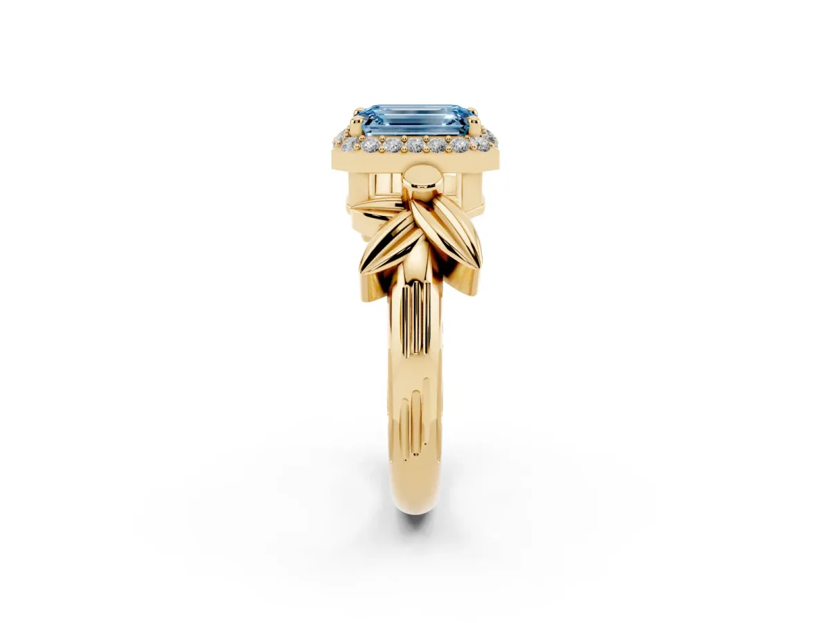 Fancy Blue Emerald Cut Halo Diamond Floral Band with Four-Prong Setting Yellow gold