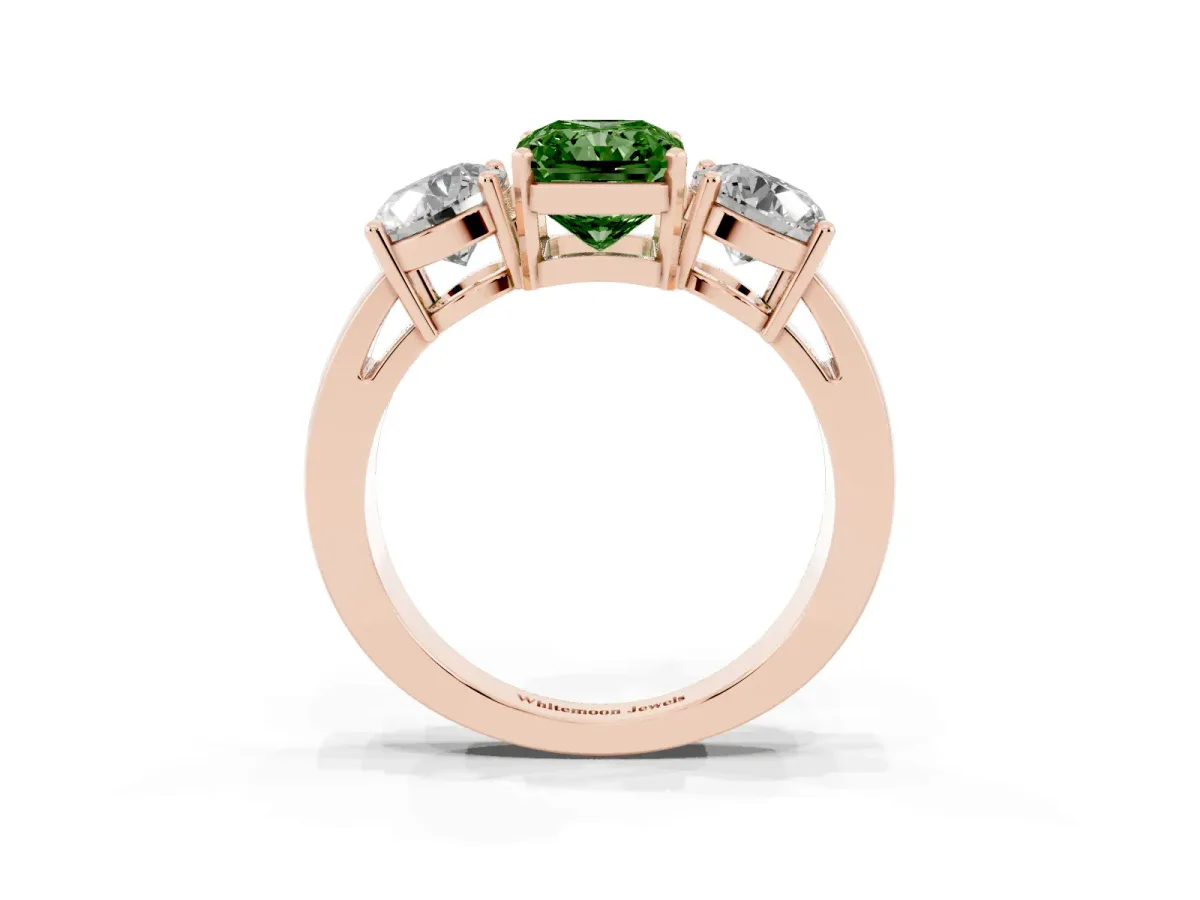 Fancy Green Three-Stone Radiant Cut Diamond Ring with Round Side Stones, Classic Band, and Four-Prong Setting Rose gold