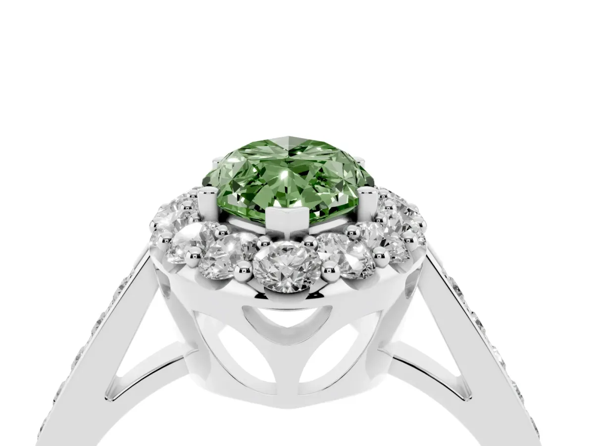 Fancy Green Marquise Cut Diamond Floral Halo Ring with Pavé Band and Prong Setting Platinum